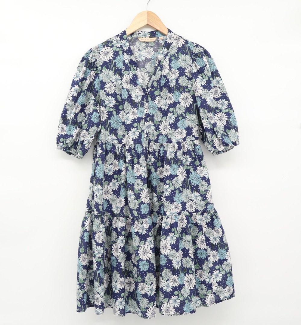 Uniqlo X Paul & Joe Sz L Button Down Tiered Puff Sleeve Navy Blue Floral